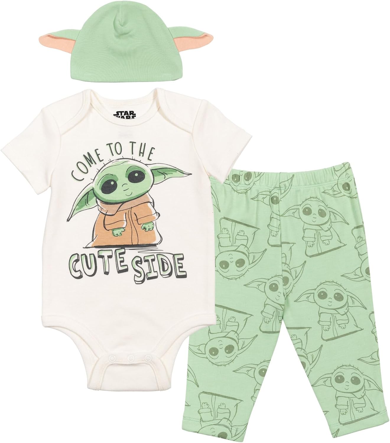 251025031842093_1 STAR WARS The Mandalorian Bodysuit Pants and Hat 3 Piece Outfit Set Newborn to Infant - Image 1